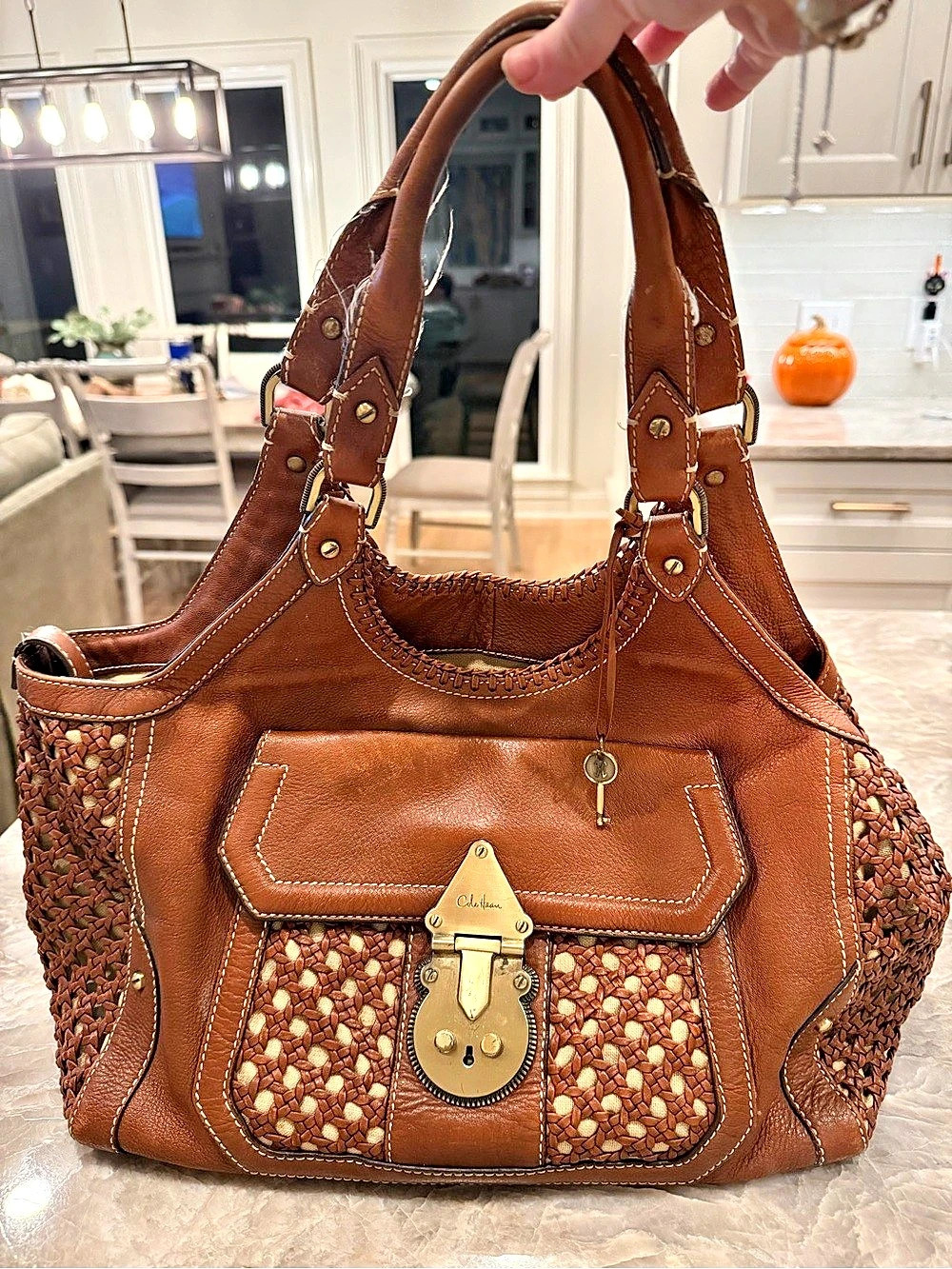 Cole Haan Paige Woven Leather Hobo Bag Brown